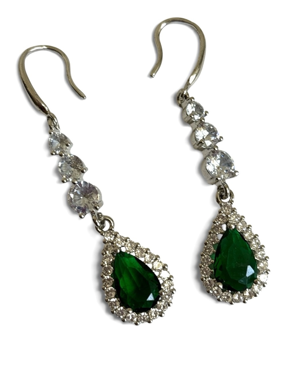 Simulated Emerald Cubic Zirconia Teardrop Halo Dangle Earrings